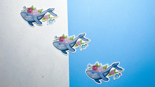 Floral Blue Whale Die-Cut Vinyl Sticker