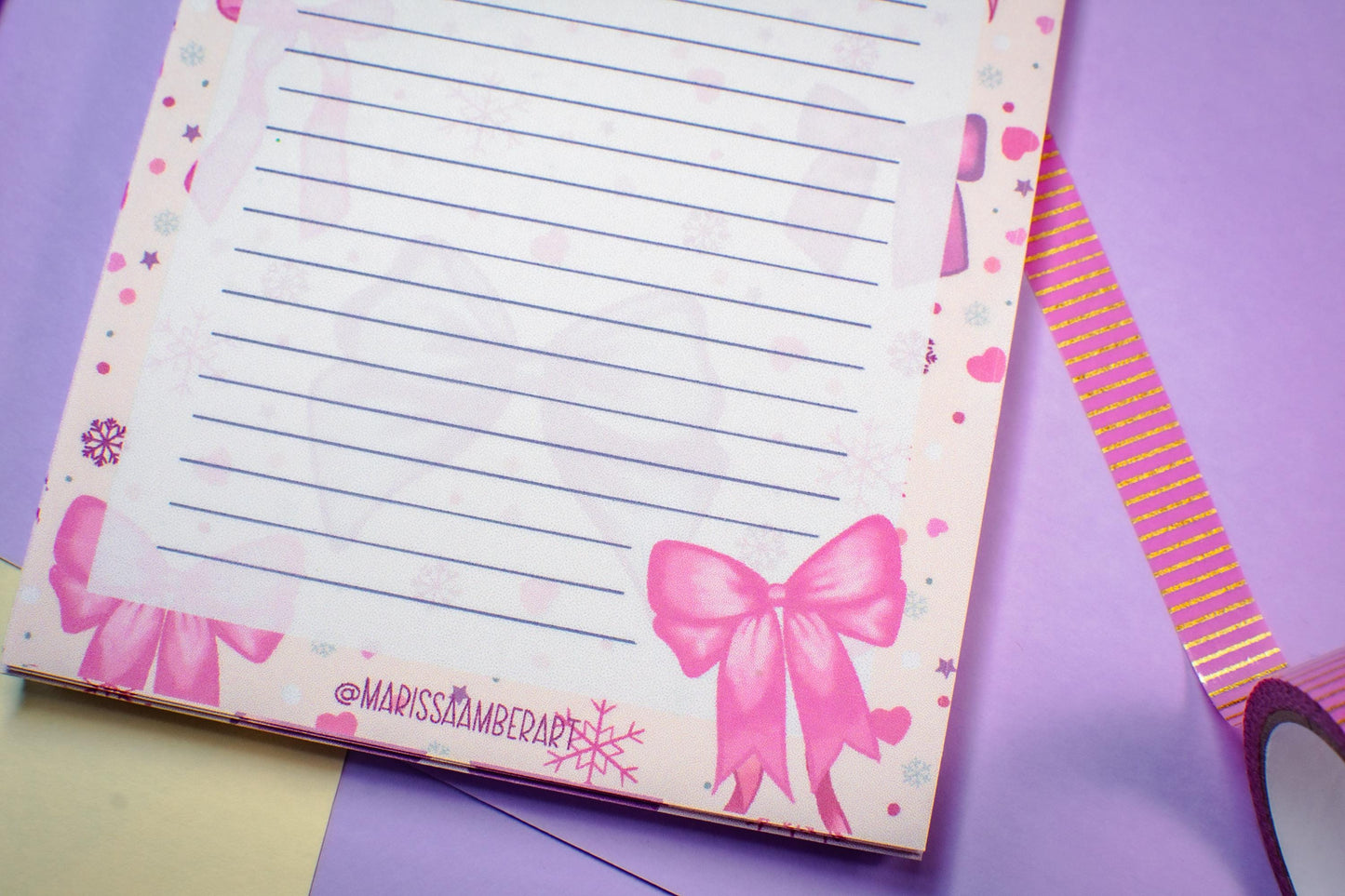 Handmade Pink Winter Holiday Bows Lined Notepad | 4.25in x 5.5in