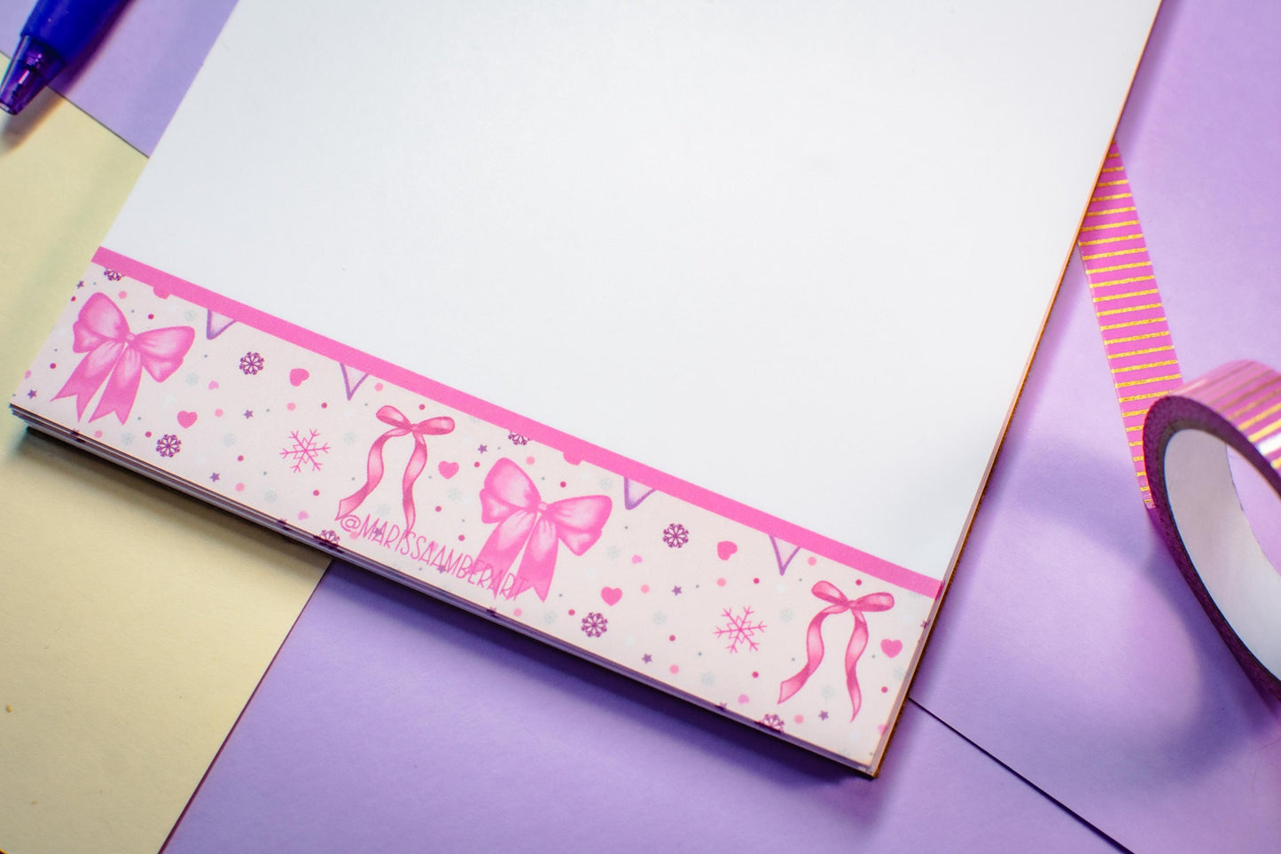 Handmade Pink Winter Holiday Bows Notepad | 5in x 7in