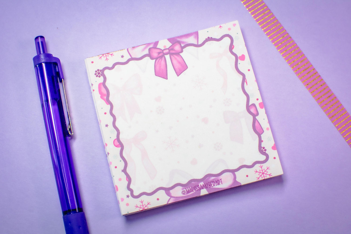 Handmade Pink Winter Holiday Bows Mini Notepad | 3in x 3in