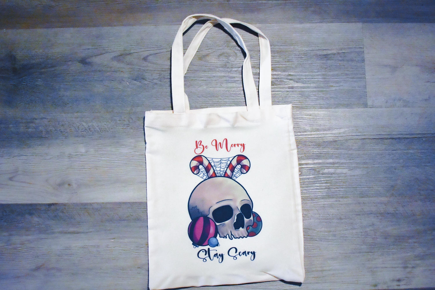 Be Merry Stay Scary Festive Skull Canvas Tote Bag