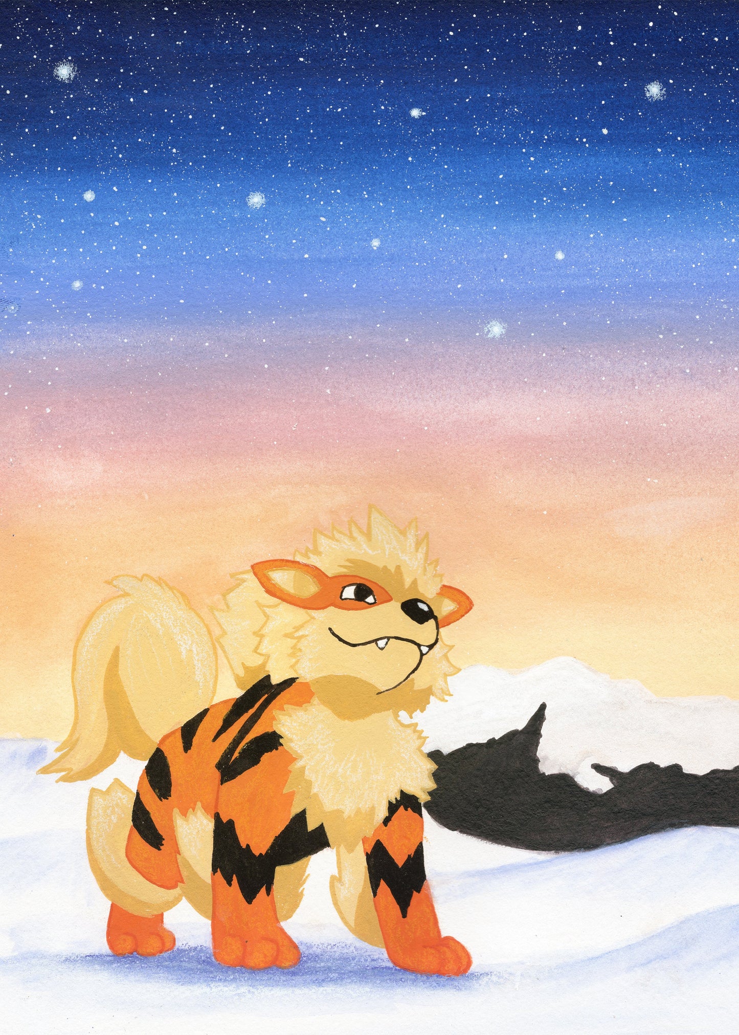 Cartoon-like tiger in a snowy landscape with a starry sky