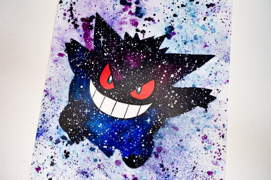 Cartoon character with red eyes and a black and blue splatter background