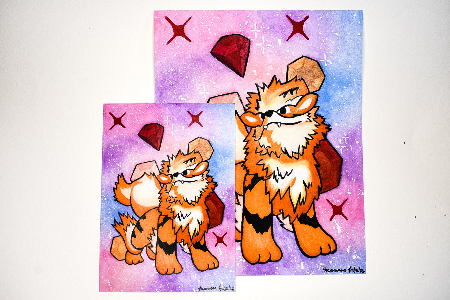 Cartoon-like fox characters on a colorful background with stars