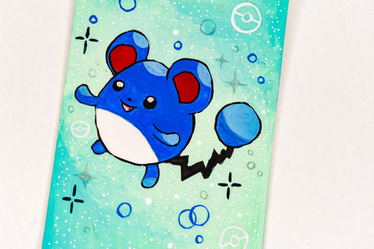 Cartoon blue creature with red cheeks on a light green background with bubbles