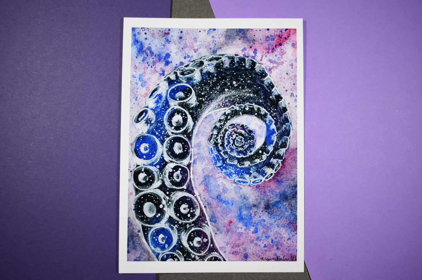Artistic depiction of a spiral tentacle design with blue and purple hues on a purple background