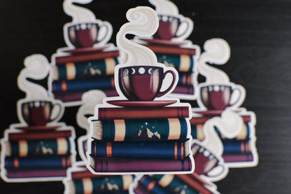 Bookish Tea Cup and Bookstack Die-Cut Vinyl Sticker