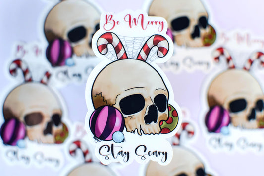 Be Merry Stay Scary Festive Skull Die-Cut Vinyl Sticker