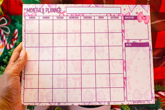 Handmade Pink Winter Holiday Bows Monthly Planner Notepad | 8.5in x 11in