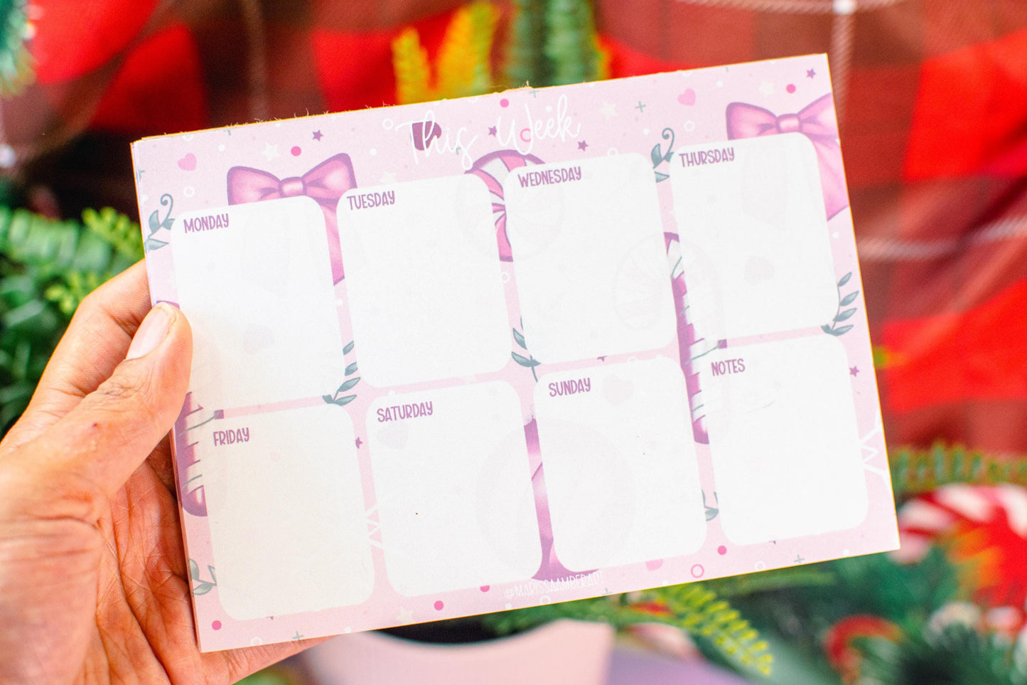 Handmade Pink Winter Holiday Coquette Weekly Planner Notepad | 5in x 7in