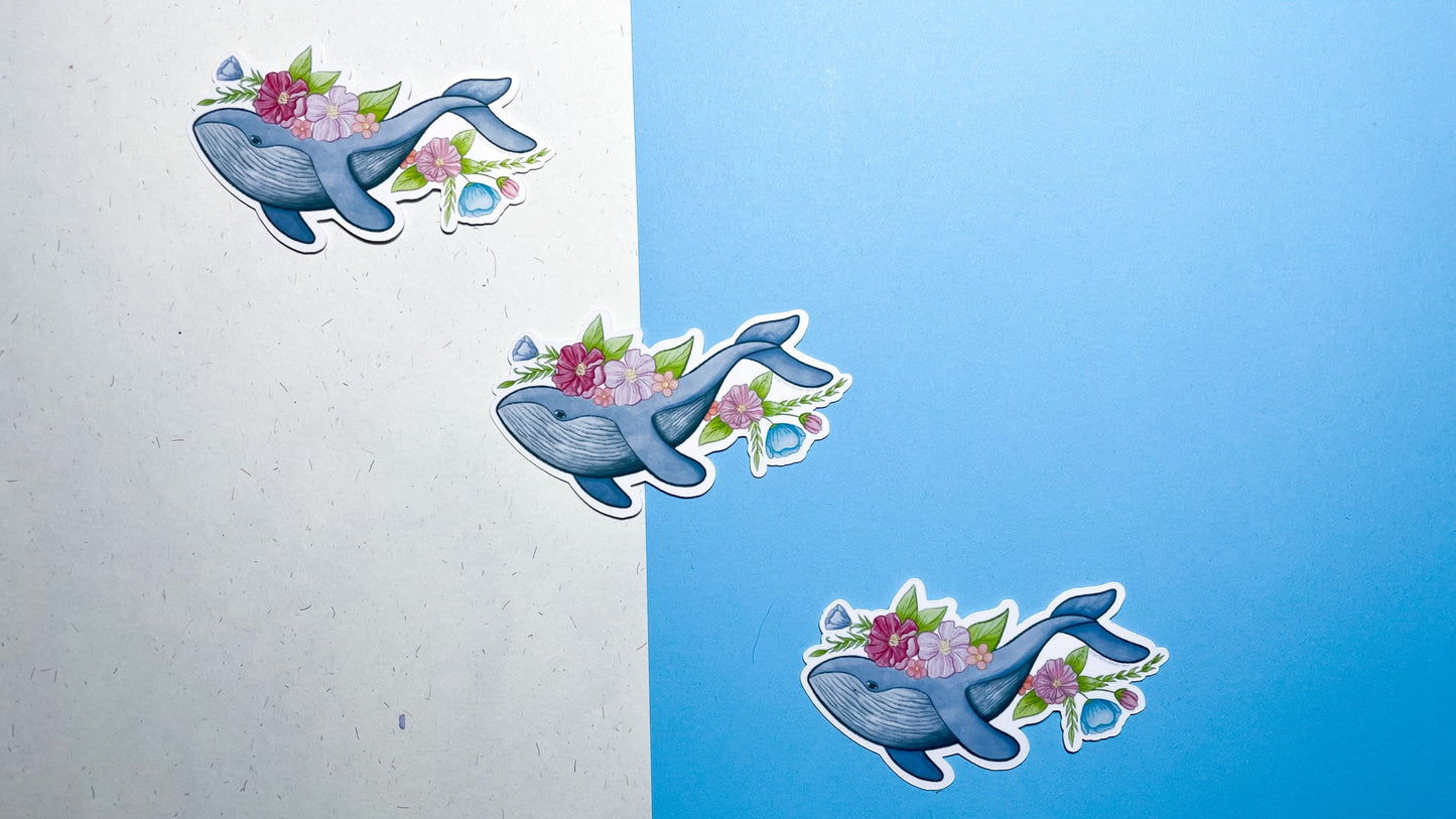 Floral Blue Whale Die-Cut Vinyl Sticker