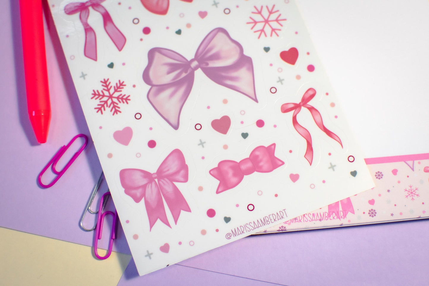 Pink Winter Holiday Bow Kiss Cut Vinyl Sticker Sheet