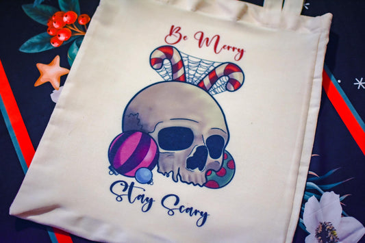 Be Merry Stay Scary Festive Skull Canvas Tote Bag
