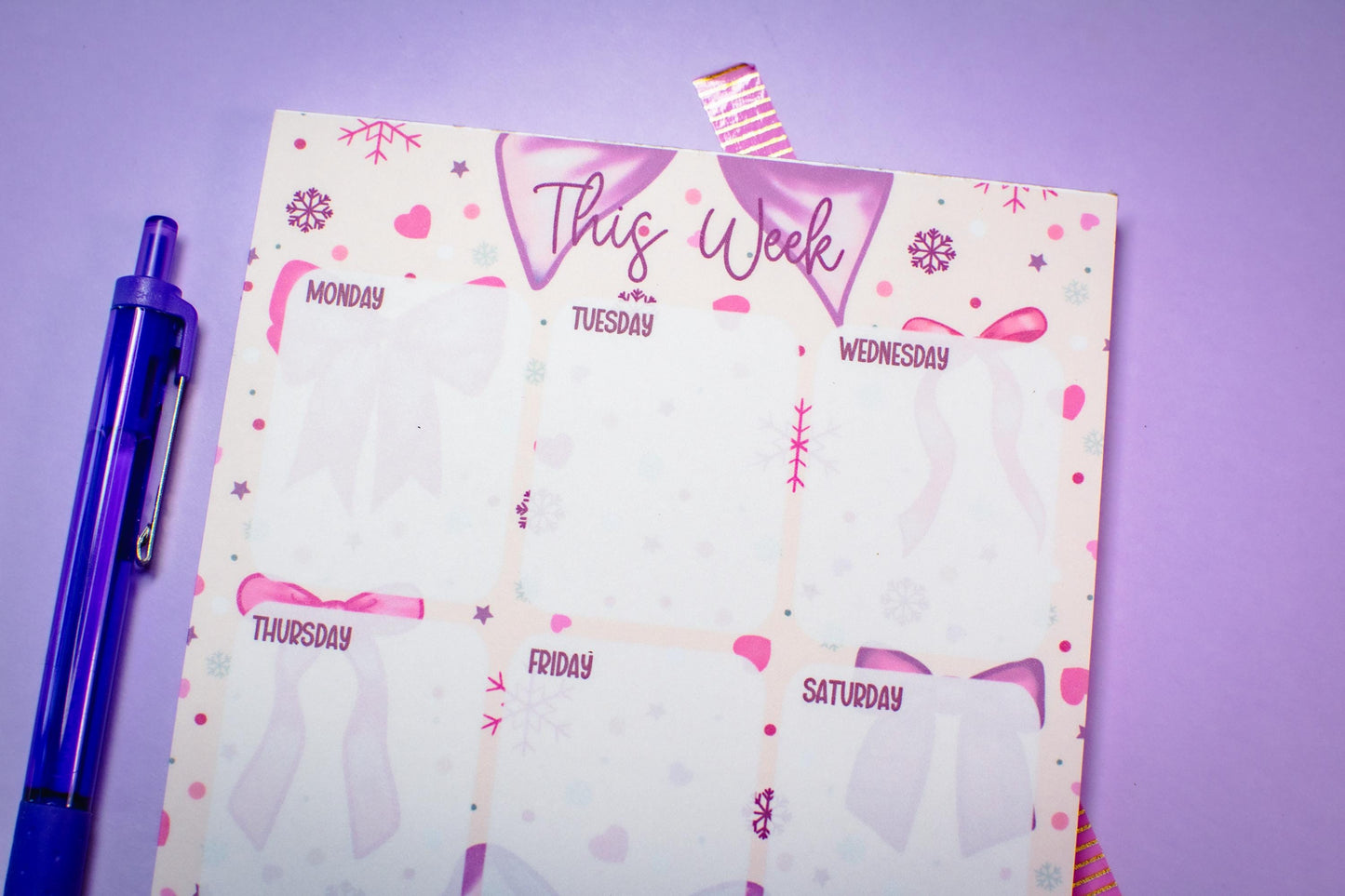 Handmade Pink Winter Holiday Bows Weekly Planner Notepad | 5in x 7in