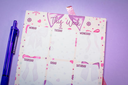 Handmade Pink Winter Holiday Bows Weekly Planner Notepad | 5in x 7in