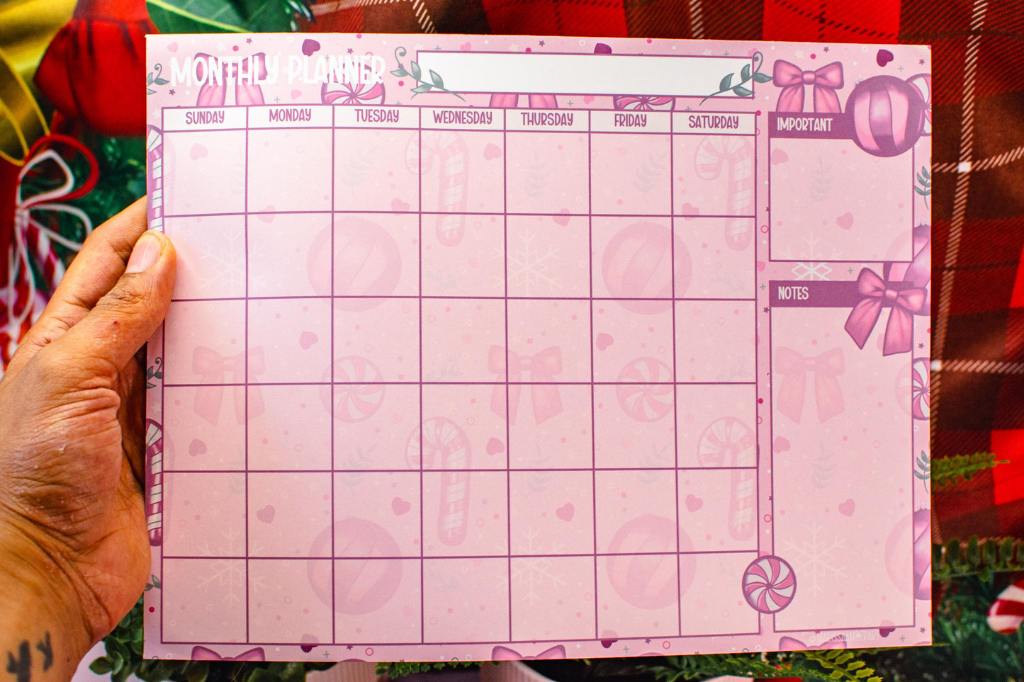 Handmade Pink Winter Holiday Coquette Monthly Planner Notepad | 8.5in x 11in