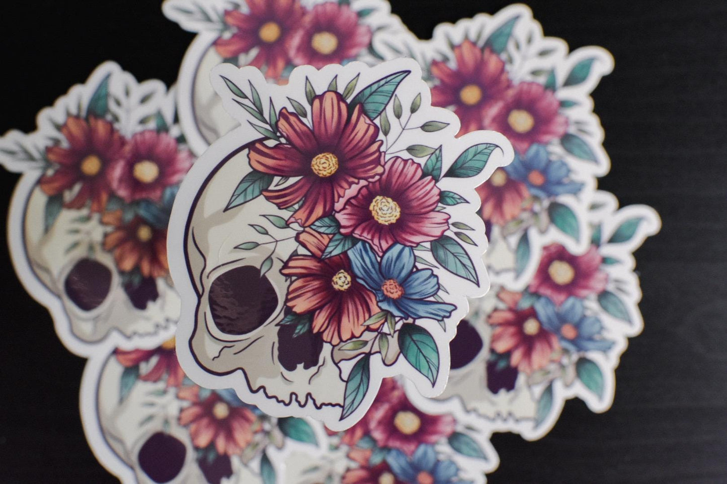 Skull and Cosmos Flowers Die-Cut Vinyl Sticker