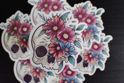 Skull and Cosmos Flowers Die-Cut Vinyl Sticker
