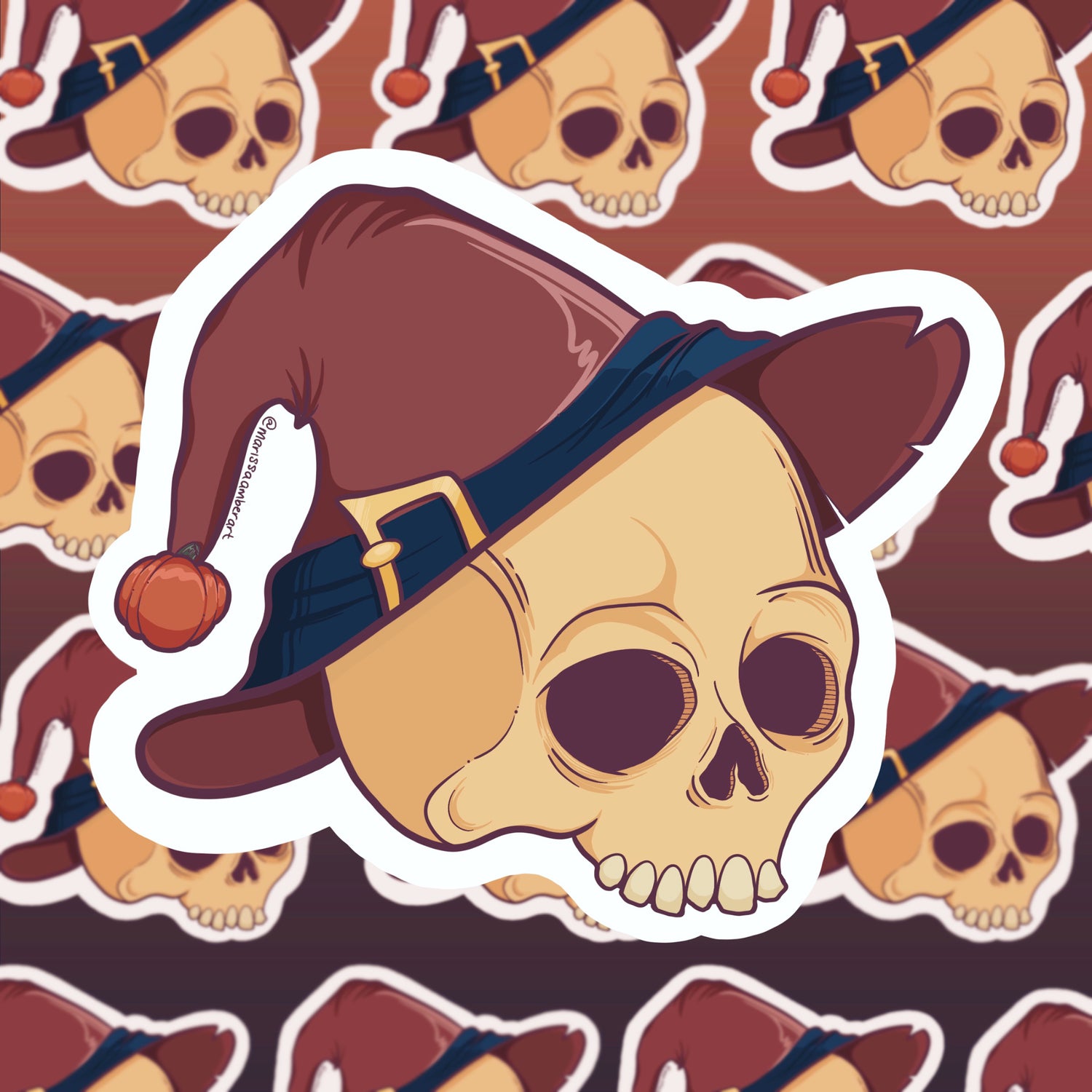 Skull with a witch hat on a patterned background