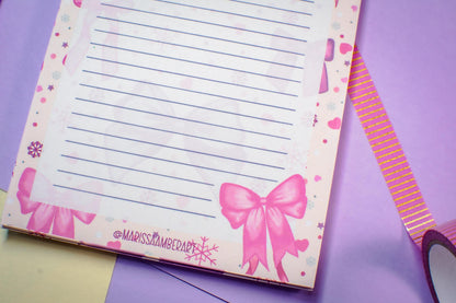 Handmade Pink Winter Holiday Bows Lined Notepad | 4.25in x 5.5in