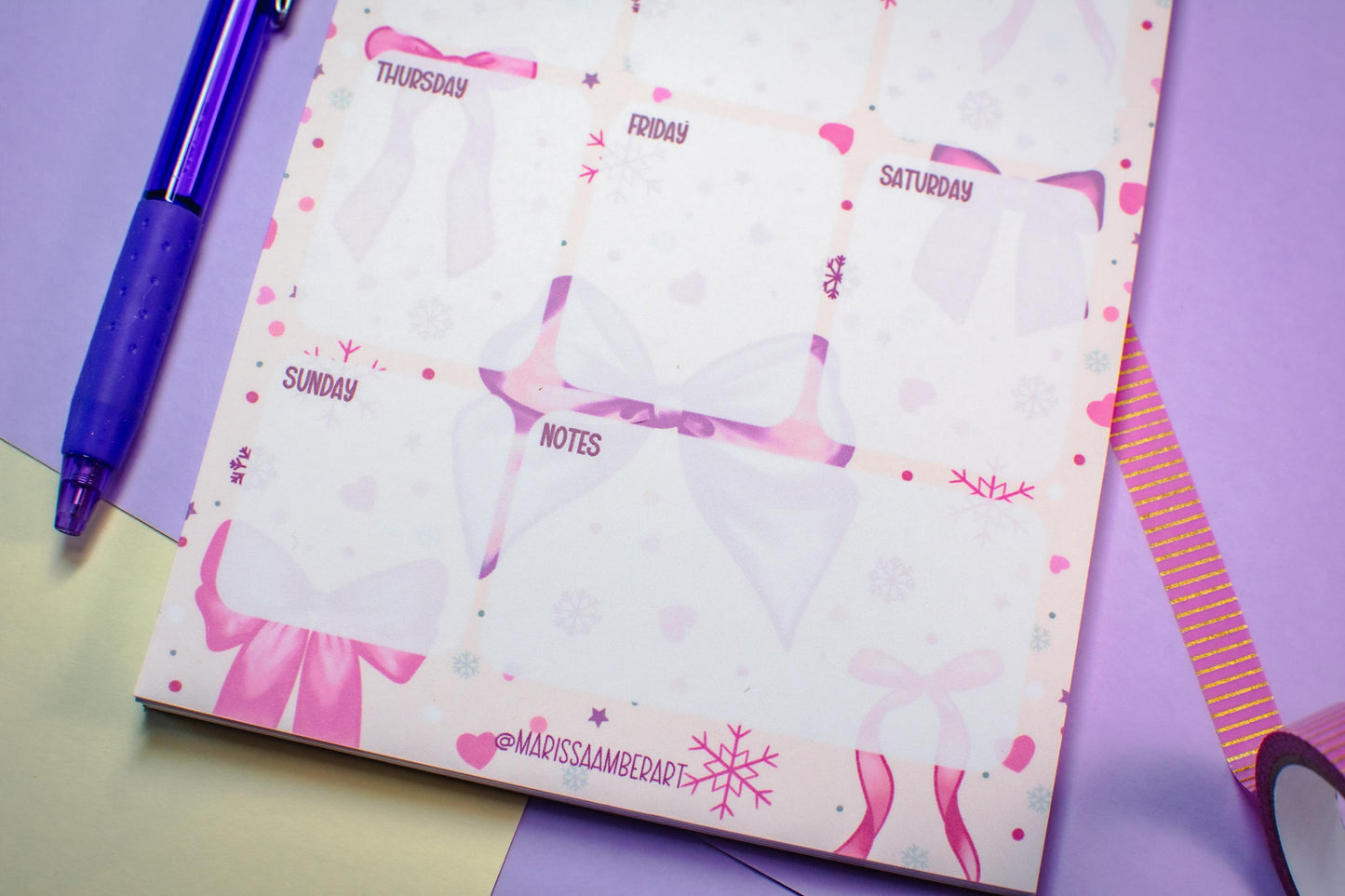 Handmade Pink Winter Holiday Bows Weekly Planner Notepad | 5in x 7in