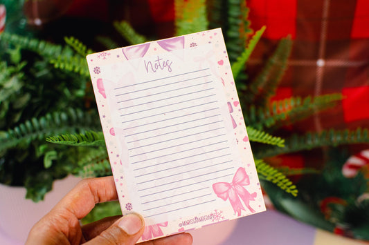 Handmade Pink Winter Holiday Bows Lined Notepad | 4.25in x 5.5in