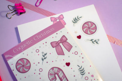 Pink Winter Holiday Coquette Kiss Cut Vinyl Sticker Sheet