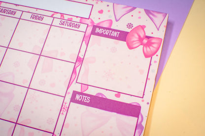 Handmade Pink Winter Holiday Bows Monthly Planner Notepad | 8.5in x 11in