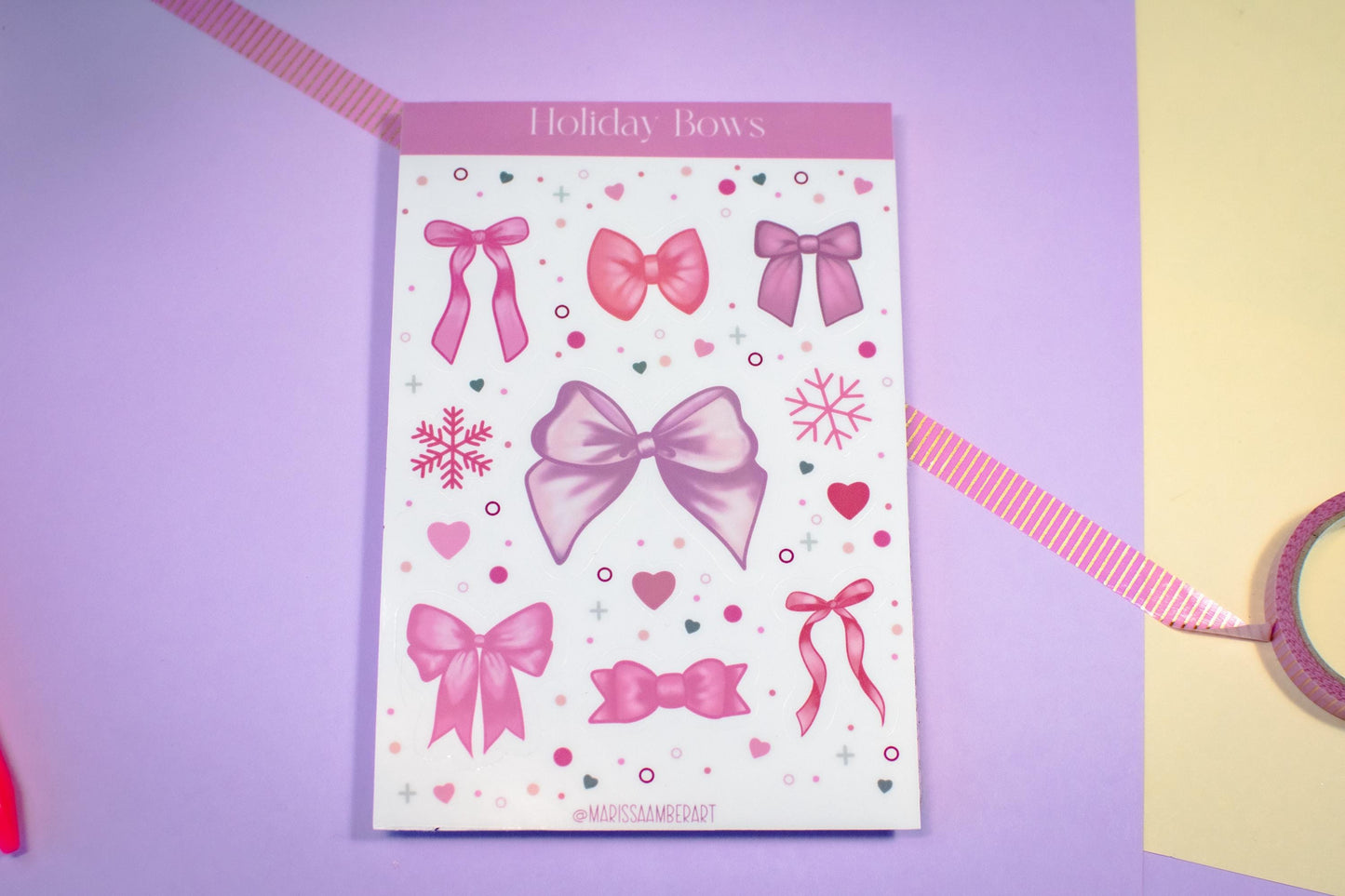 Pink Winter Holiday Bow Kiss Cut Vinyl Sticker Sheet