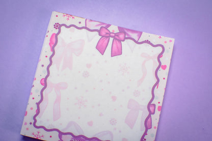 Handmade Pink Winter Holiday Bows Mini Notepad | 3in x 3in