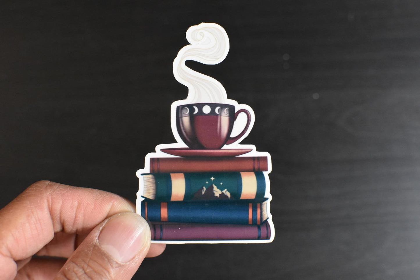 Bookish Tea Cup and Bookstack Die-Cut Vinyl Sticker
