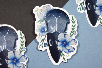 Floral Raven Skull Die-Cut Vinyl Sticker
