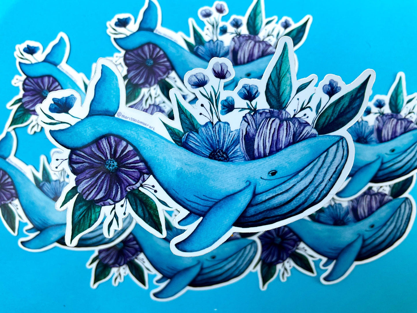 Blue Whale Floral Die Cut Vinyl Sticker