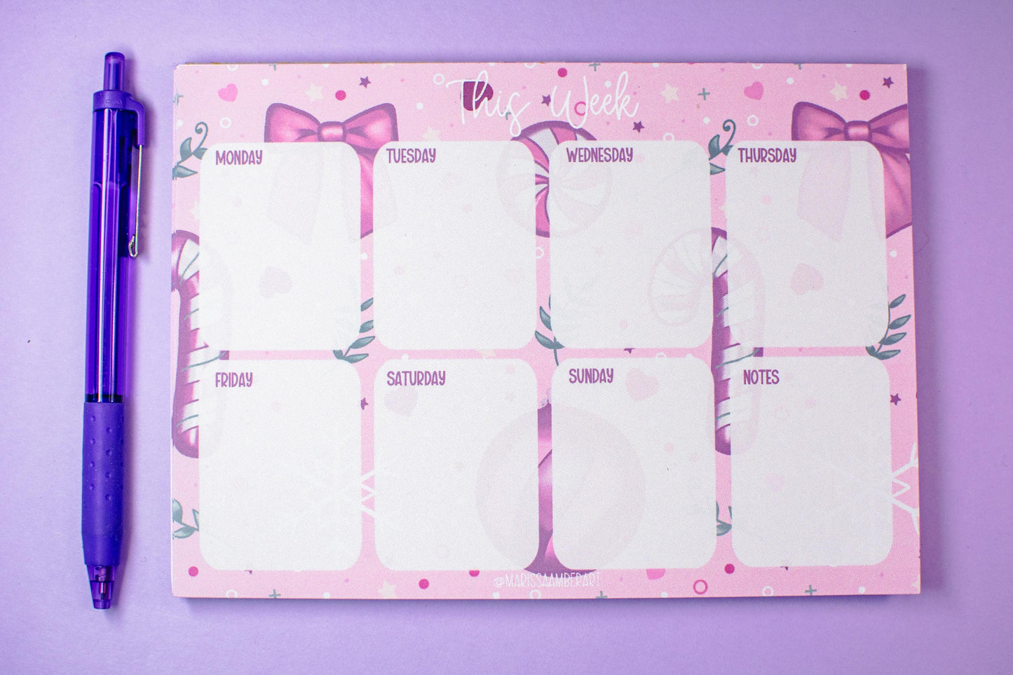 Handmade Pink Winter Holiday Coquette Weekly Planner Notepad | 5in x 7in