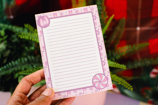 Handmade Pink Winter Holiday Coquette Lined Notepad | 4.25in x 5.5in