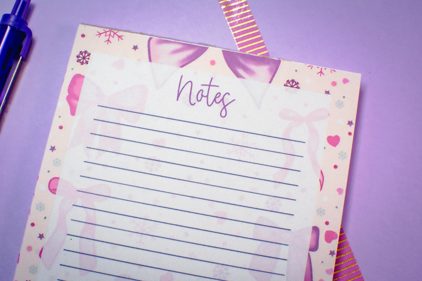 Handmade Pink Winter Holiday Bows Lined Notepad | 4.25in x 5.5in