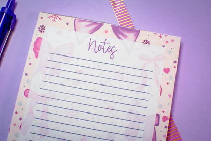 Handmade Pink Winter Holiday Bows Lined Notepad | 4.25in x 5.5in