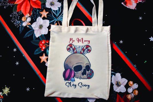 Be Merry Stay Scary Festive Skull Canvas Tote Bag
