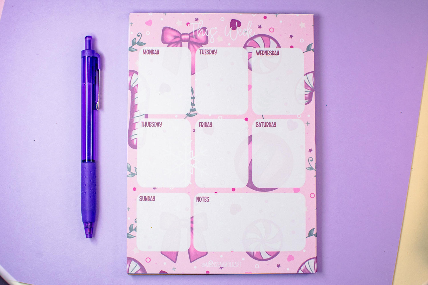 Handmade Pink Winter Holiday Coquette Weekly Planner Notepad | 5in x 7in