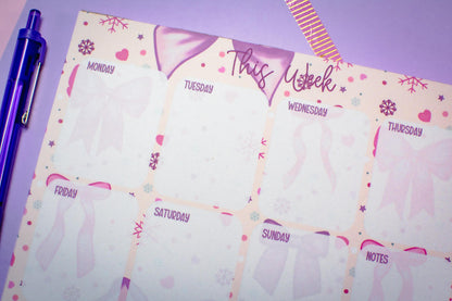 Handmade Pink Winter Holiday Bows Weekly Planner Notepad | 5in x 7in