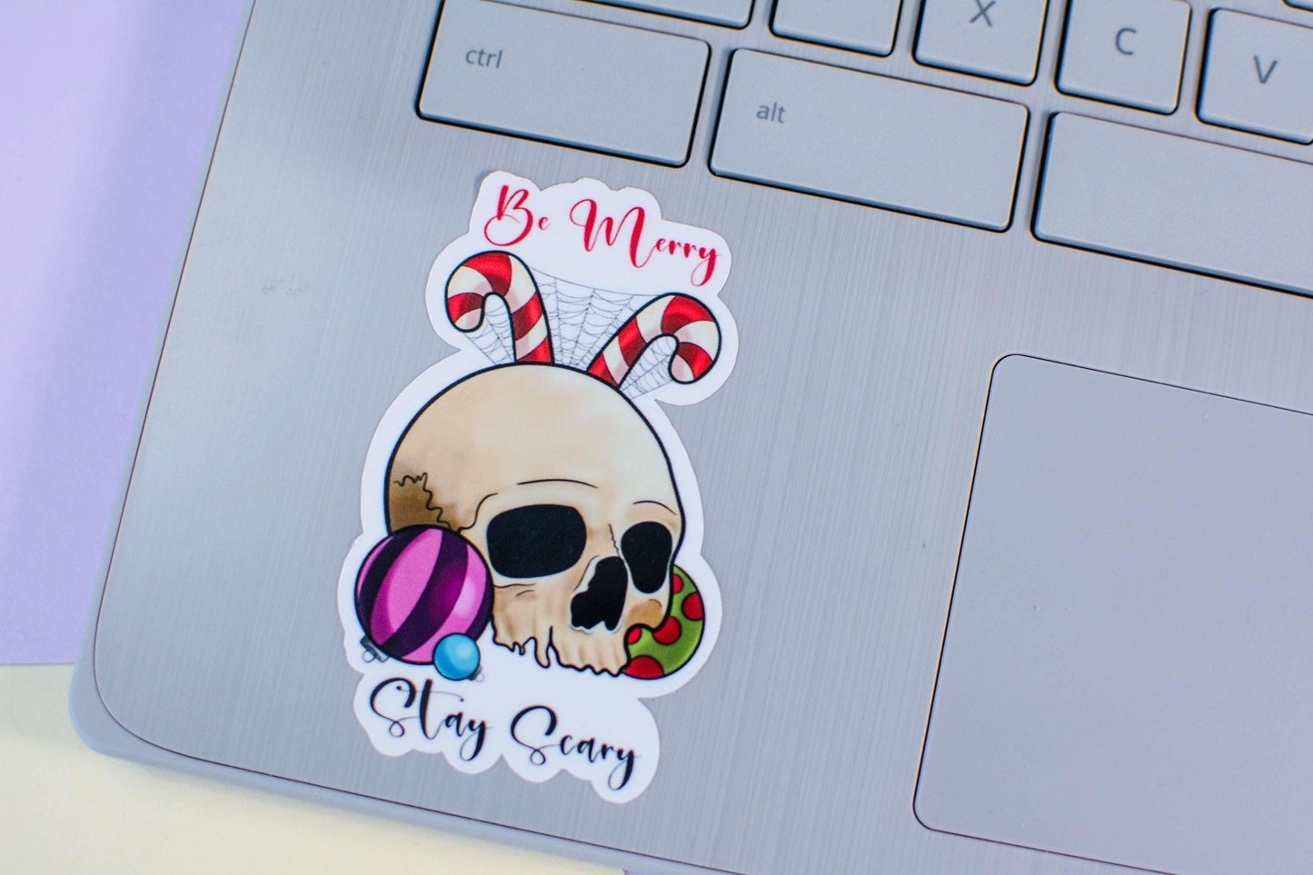 Be Merry Stay Scary Festive Skull Die-Cut Vinyl Sticker