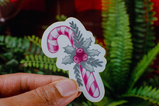 Pink Winter Holiday Coquette Candy Cane Die Cut Vinyl Sticker