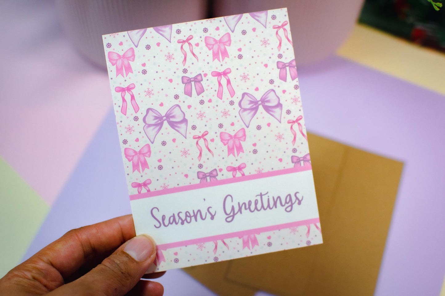 Season's Greetings Pink Winter Holiday Bows Holiday Greeting Card
