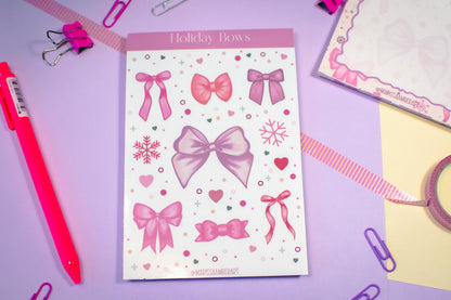 Pink Winter Holiday Bow Kiss Cut Vinyl Sticker Sheet