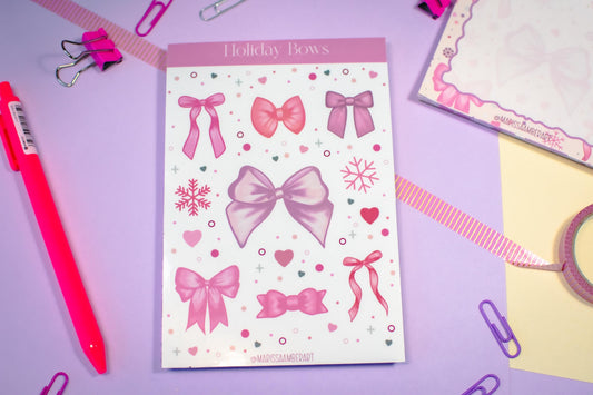 Pink Winter Holiday Bow Kiss Cut Vinyl Sticker Sheet