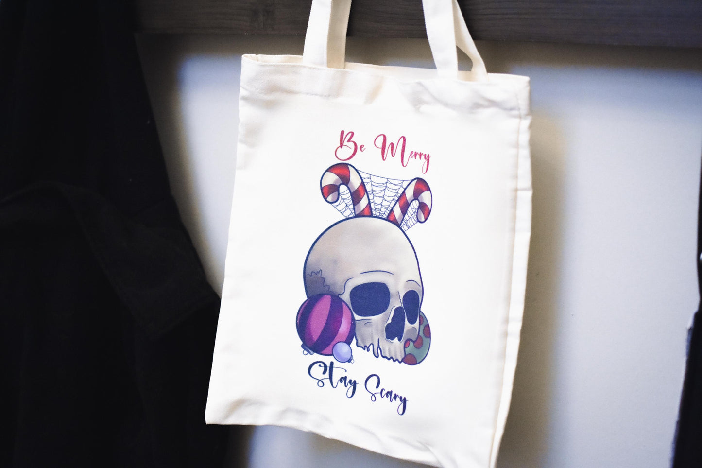 Be Merry Stay Scary Festive Skull Canvas Tote Bag