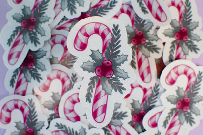 Pink Winter Holiday Coquette Candy Cane Die Cut Vinyl Sticker