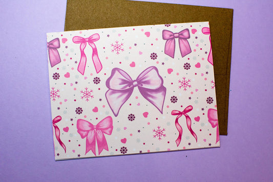 Pink Winter Holiday Bows Holiday Greeting Card