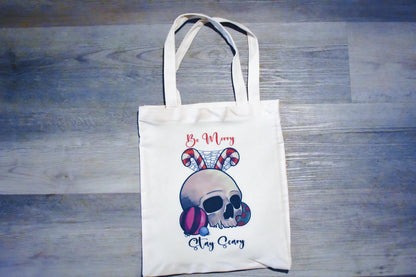 Be Merry Stay Scary Festive Skull Canvas Tote Bag