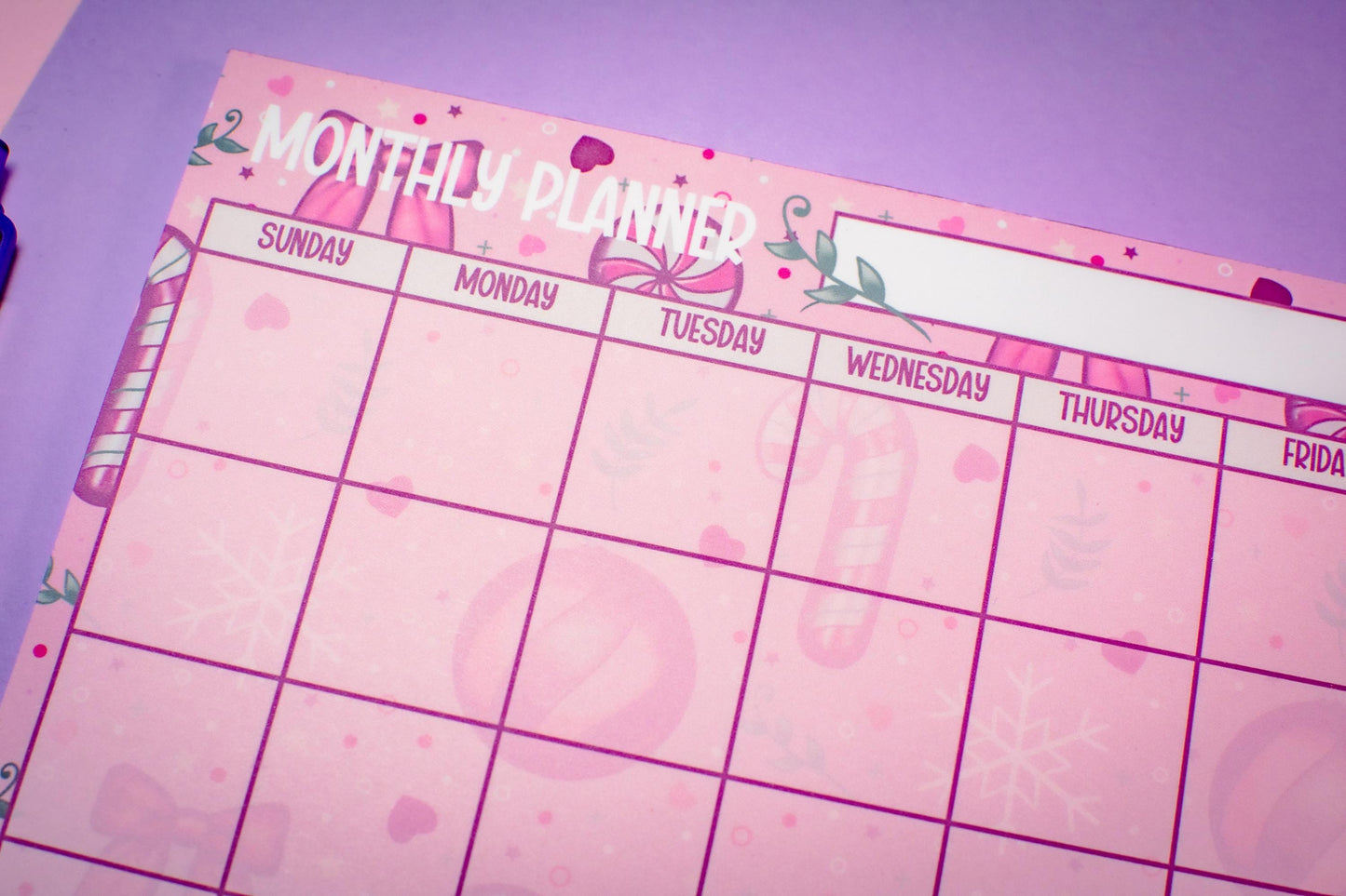 Handmade Pink Winter Holiday Coquette Monthly Planner Notepad | 8.5in x 11in